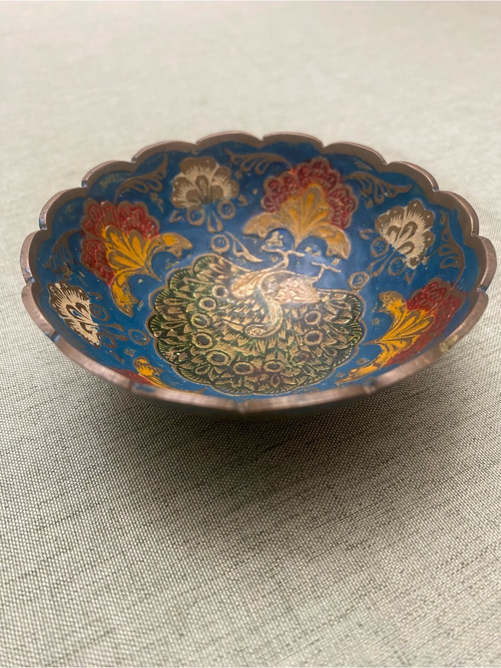 Vintage Hand Painted Decorative Blue Enamel Brass Bowl with Peacock Motif